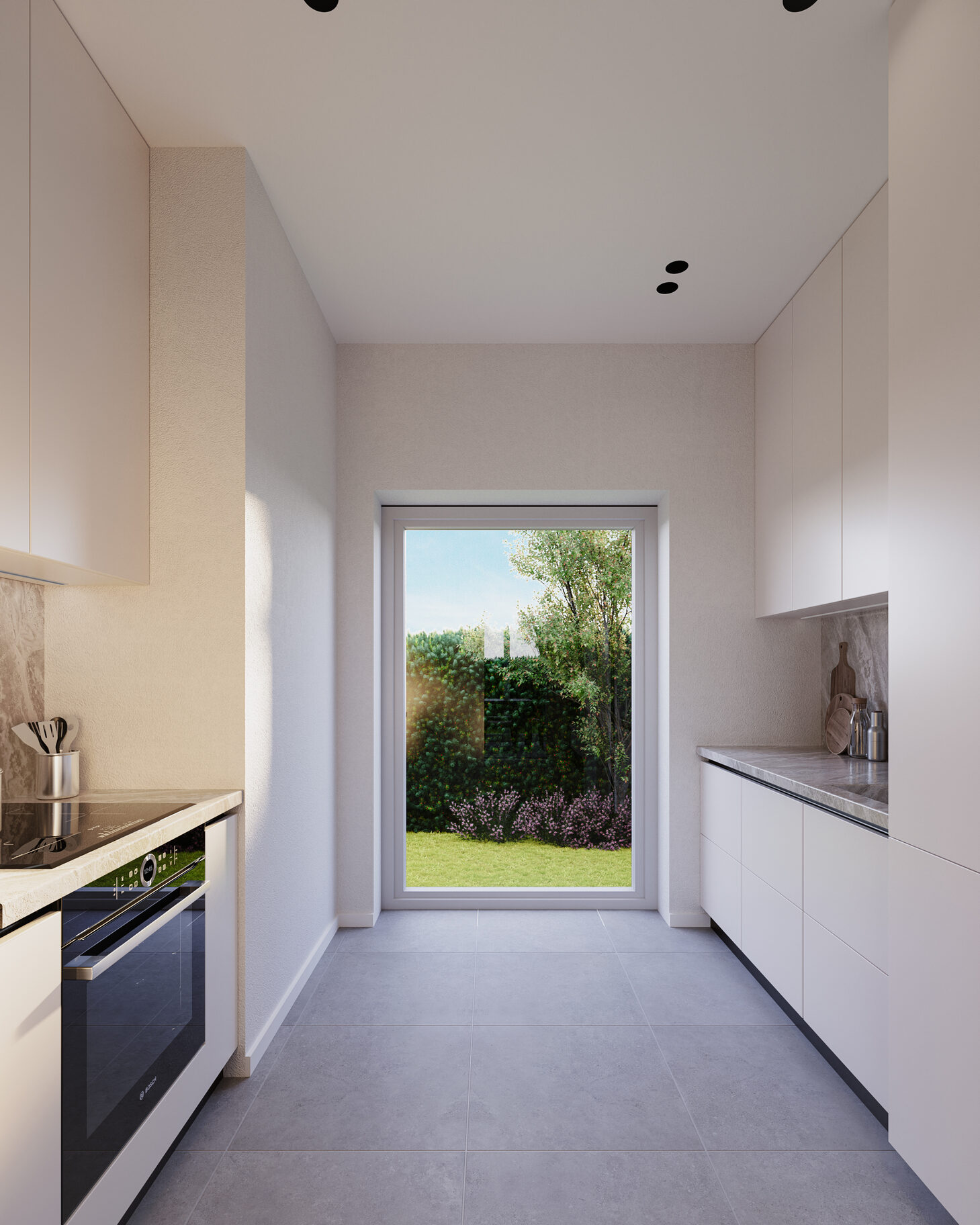 Cucina parallela con accesso al giardino